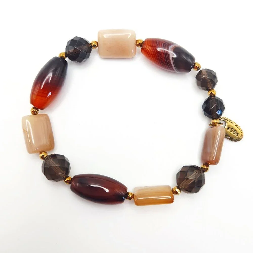 Sara Blaine eSBe Cream Brown Agate Smokey Quartz Cream Stretch Beaded Bracelet